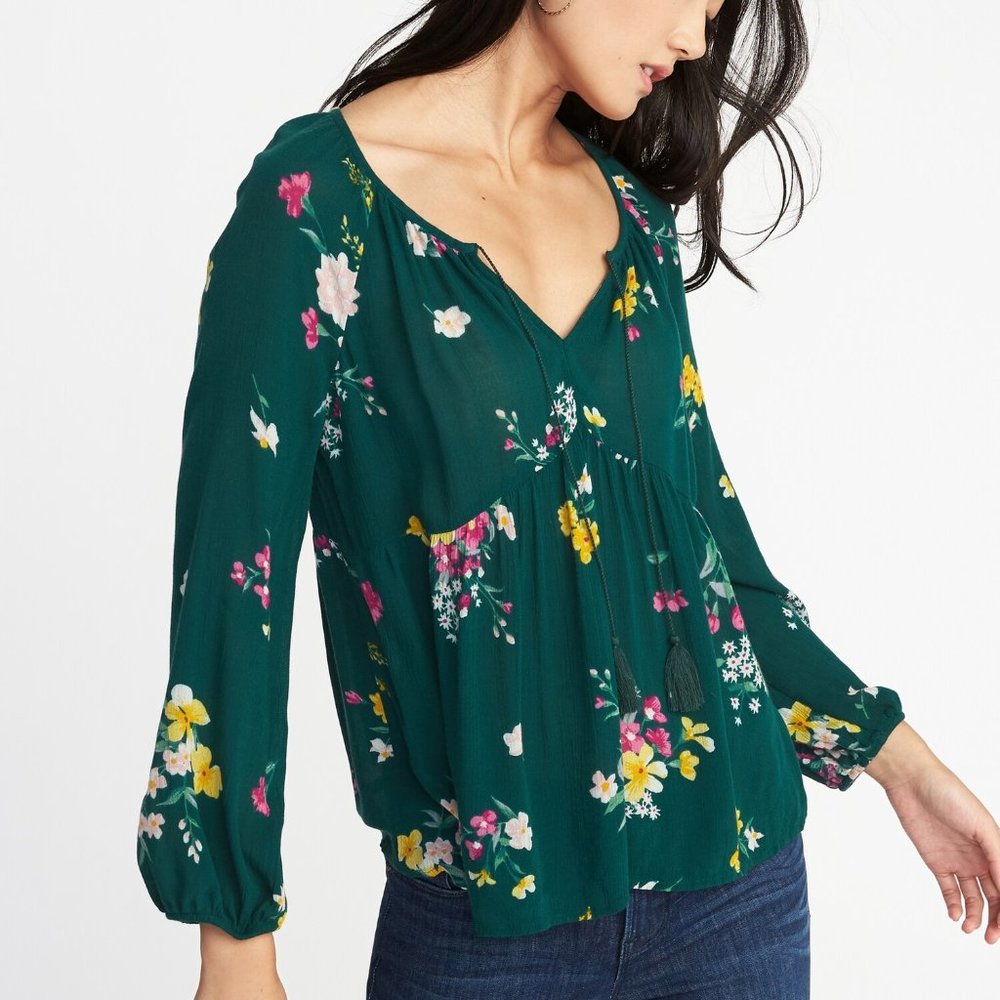 Forest green floral boho blouse